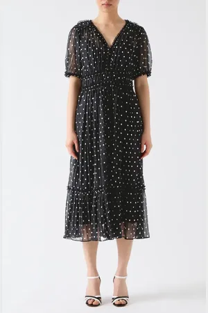 LK Bennett Gigi Polka Dot Short Sleeve Pleated Chiffon Midi Dress in at Nordstrom, Size 0 Us