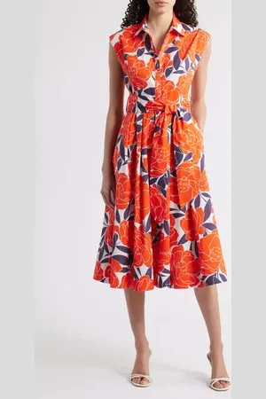 Milly Jules Camellia Floral Belted Poplin Fit & Flare Dress in at Nordstrom, Size 4