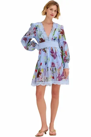 PATBO Lily Flower Long Sleeve Plunge Mini Dress in at Nordstrom, Size 12