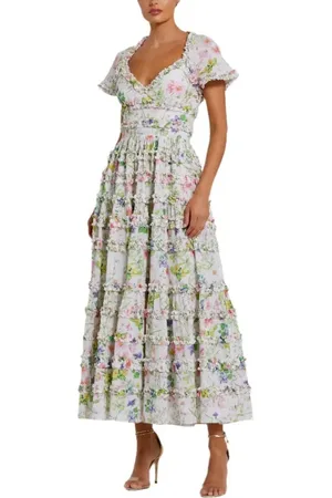 Mac Duggal Cap Sleeve V Neck Open Back Floral Cotton Dress in at Nordstrom, Size 18