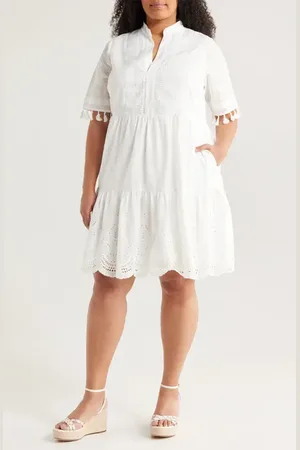 Tahari ASL Eyelet Embroidery Tiered Cotton Shift Dress in at Nordstrom, Size 16W