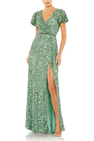 Mac Duggal Sequined Wrap Over Butterfly Sleeve Draped Gown in at Nordstrom, Size 6