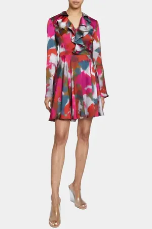 Santorelli ROXY Long Sleeve Ruffled Dress in Abstract Printed Charmeuse in at Nordstrom, Size 40