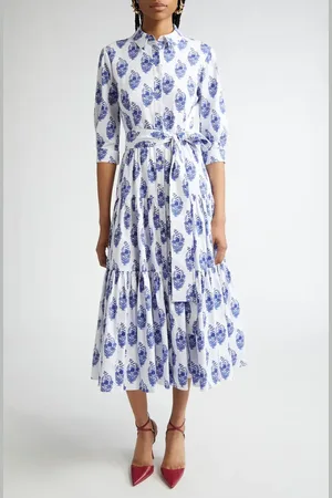 Carolina Herrera Floral Print Tiered Stretch Cotton Shirtdress in at Nordstrom, Size 4