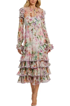 Mac Duggal Long Sleeve Tie Neck Ruffle Detail Floral Dress in at Nordstrom, Size 2