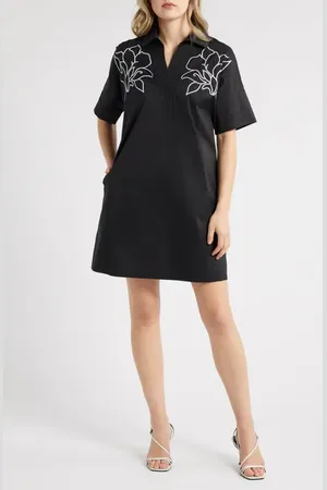 Ming Wang Embroidered Cotton Blend Shirtdress in at Nordstrom, Size Small
