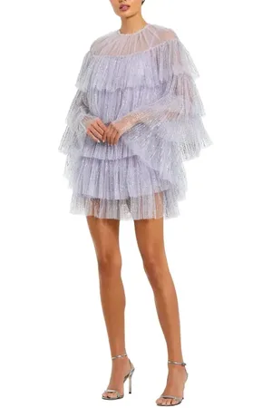 Mac Duggal High Neck Tiered Ruffle Pearl Beaded Cape Dress in at Nordstrom, Size Large