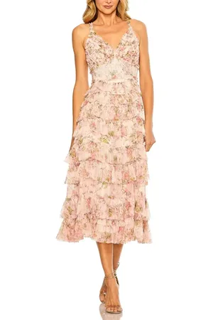 Mac Duggal Sleeveless V Neck Floral Mesh Ruffle Midi Dress in at Nordstrom, Size 6