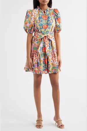 Vince Camuto Print Ruffle Tie Waist Puff Sleeve Dress in at Nordstrom, Size 2