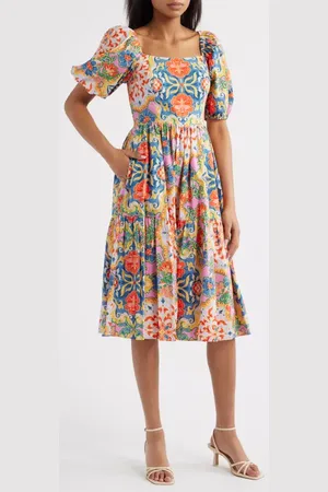 Vince Camuto Print Square Neck Puff Sleeve Midi Dress in at Nordstrom, Size 10