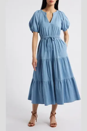 Anne Klein Puff Sleeve Tiered Denim Midi Dress in at Nordstrom, Size X-Small