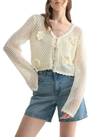 ALL IN FAVOR Floral Appliqu?? Open Stitch Cotton Blend Cardigan in at Nordstrom, Size X-Small