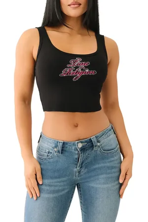 True Religion Crystal Logo Raw Hem Crop Tank in at Nordstrom, Size X-Small