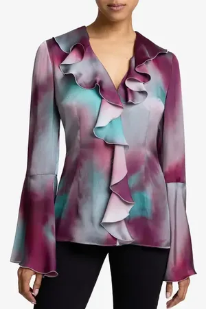 Santorelli SYDNEY Long Sleeve Ruffle Neck Blouse in at Nordstrom, Size 40
