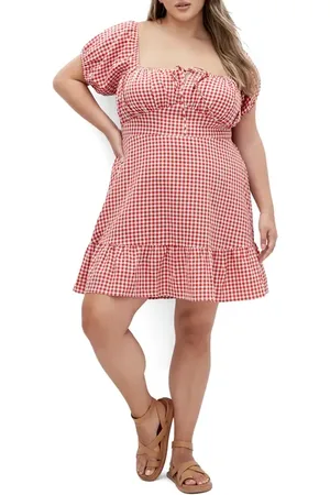 City Chic Gingham Puff Sleeve Minidress in at Nordstrom