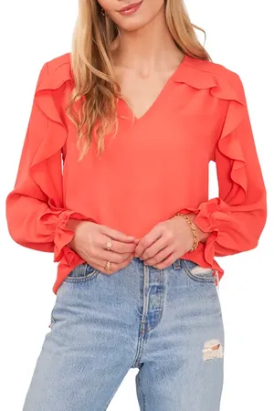Vince Camuto Ruffle Sleeve V-Neck Blouse in at Nordstrom, Size Small