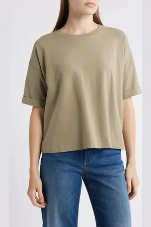 Eileen Fisher Cuffed Sleeve Cotton Crewneck T-Shirt in at Nordstrom, Size Large