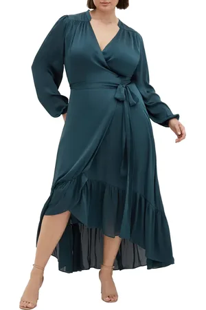 City Chic Rylie Love Long Sleeve High-Low Satin Maxi Dress in at Nordstrom, Size Xl