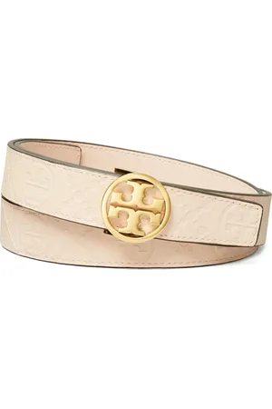 Tory Burch Miller Debossed T Monogram Leather Belt in Pink Sea /Gold at Nordstrom, Size Small