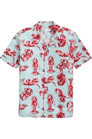 Brooks Brothers Lobster Print Stripe Cotton Seersucker Camp Shirt in at Nordstrom, Size Medium