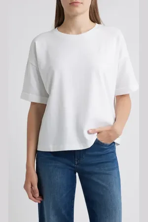 Eileen Fisher Cuffed Sleeve Cotton Crewneck T-Shirt in at Nordstrom, Size X-Large