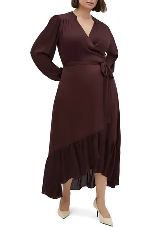 City Chic Rylie Love Long Sleeve High-Low Satin Maxi Dress in at Nordstrom, Size Xs
