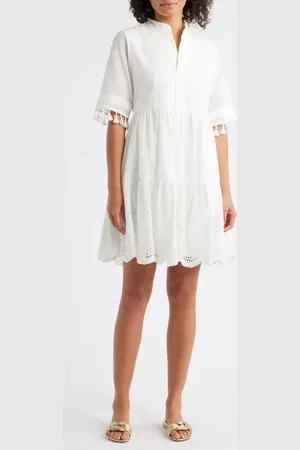 Tahari ASL Eyelet Embroidery Tiered Cotton Shift Dress in at Nordstrom, Size 4