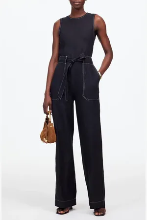 Madewell Contrast Stitch Relaxed Linen Straight Leg Jumpsuit in at Nordstrom, Size 00