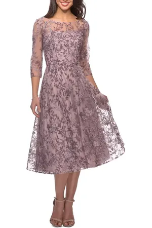 La Femme Tea Length Embroidered Dress with Sheer Sleeves in at Nordstrom, Size 18