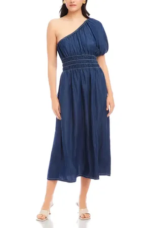 Fifteen Twenty Abilene One-Shoulder Puff Sleeve Midi Dress in at Nordstrom, Size X-Small