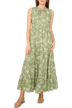 Vince Camuto Tie Neck Tiered Cotton Maxi Dress in at Nordstrom, Size Small