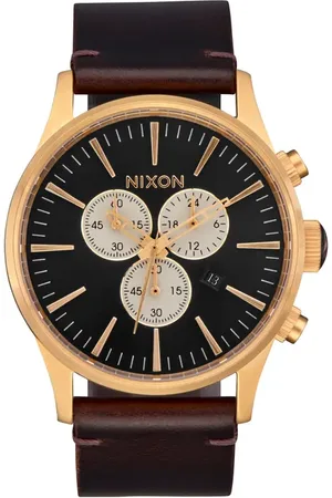 Nixon The Sentry Chronograph Leather Strap Watch, 42mm in Gold /Indigo /Brown at Nordstrom
