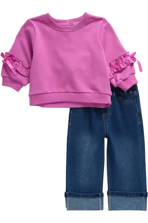HABITUAL Ruffle Trim French Terry Sweatshirt & Roll Cuff Knit Jeans Set in at Nordstrom, Size 12M