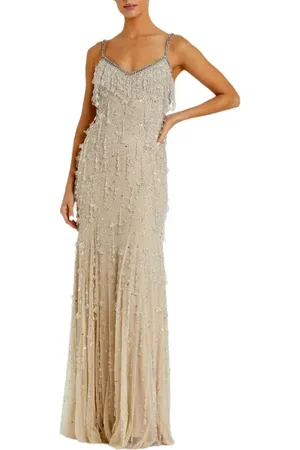 Mac Duggal V-Neck Net Gown with Thin Straps and Elegant Embellishments in at Nordstrom, Size 12