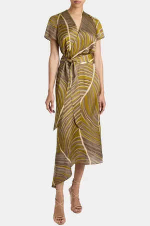 Santorelli HALEY Cap Sleeve Faux Wrap Hi Lo Midi Dress in Printed Charmeuse in at Nordstrom, Size 6
