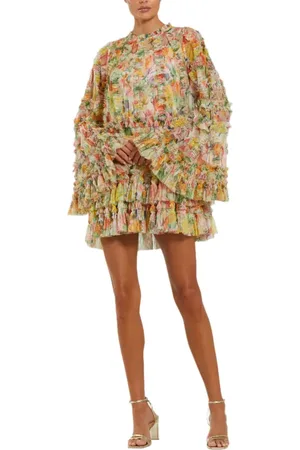 Mac Duggal Printed Mesh Ruffle High Neck Mini Dress in at Nordstrom, Size 10