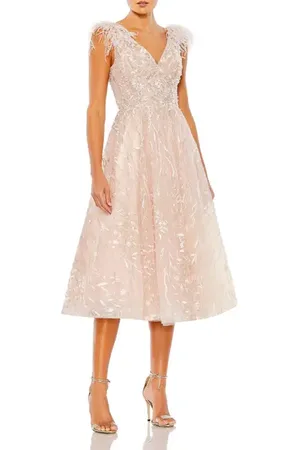 Mac Duggal Embroidered Sleeveless Feather Detail Midi Dress in at Nordstrom, Size 8
