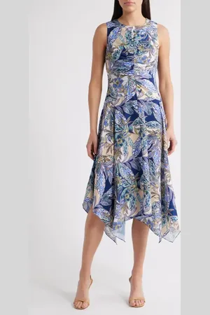 Vince Camuto Paisley Ruched Sleeveless Handkerchief Hem Dress in at Nordstrom, Size 10