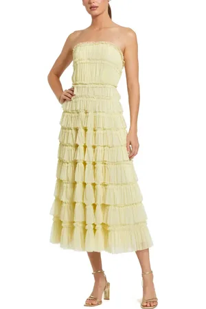 Mac Duggal Solid Mesh Micro Ruffle Strapless Midi Dress in at Nordstrom, Size 12