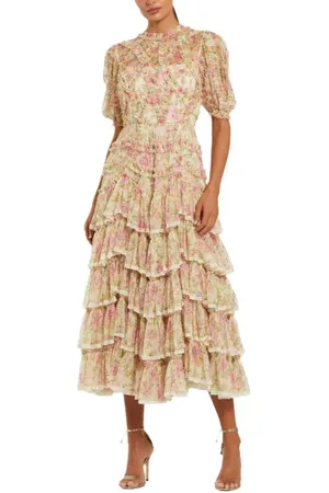 Mac Duggal Elegant High Neck Midi Dress in Printed Mesh with Lace Accents in at Nordstrom, Size 4