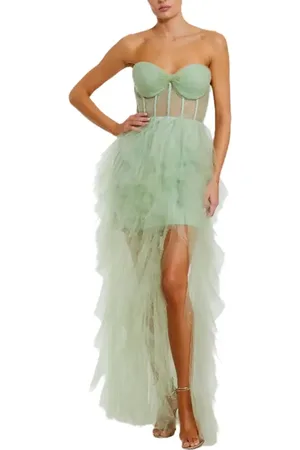 Mac Duggal Strapless Bustier Net Gown With Spiral Ruffles in at Nordstrom, Size 6