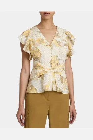Santorelli ELLA Flutter Sleeve Buttoned Blouse with Waist Panel in Floral Printed Cotton Cloque in at Nordstrom, Size 4S