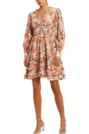 Mac Duggal Ruffle Floral V Neck Cotton Mini Dress in at Nordstrom, Size 8