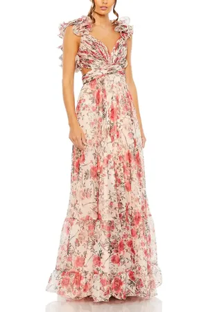 Mac Duggal Tiered Floral Chiffon Gown with Ruffle Accents and Open Back in at Nordstrom, Size 8