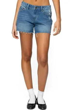 Edikted Scottie Raw Hem Low Rise Denim Shorts in at Nordstrom, Size Small
