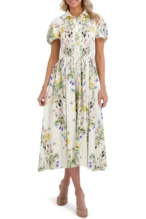 Ted Baker Floral Short Sleeve Linen Midi Shirtdress in at Nordstrom, Size 8