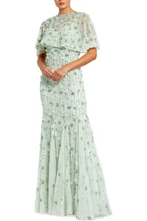 Mac Duggal Embellished Illusion Cape Sleeve Trumpet Gown in at Nordstrom, Size 12