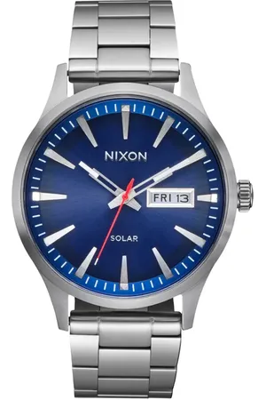 Nixon Sentry Solar Leather Strap Watch, 40mm in Navy Sunray /Silver at Nordstrom