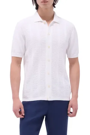 Bugatchi Chevron Short Sleeve Knit Button-Up Shirt in at Nordstrom, Size Xx-Large