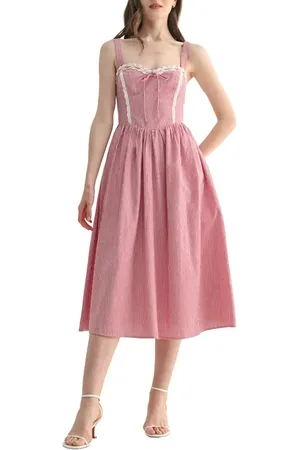 ALL IN FAVOR Lace Detail Stripe Cotton Blend Corset Midi Dress in at Nordstrom, Size X-Small